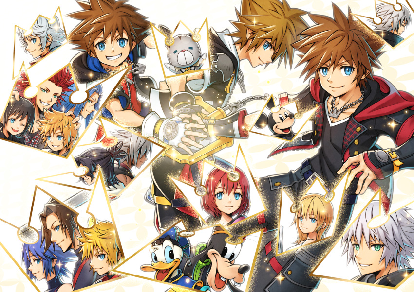 4girls 6+boys aqua_(kingdom_hearts) axel_(kingdom_hearts) back-to-back black_gloves black_hair black_jacket black_pants black_shirt blonde_hair blue_eyes blue_hair blue_hat bodysuit brown_hair chain chain_necklace chirithy closed_mouth commentary crown_necklace donald_duck english_commentary ephemer_(kingdom_hearts) eraqus fingerless_gloves from_behind from_side front-to-back furry furry_male gloves goofy green_eyes grin hand_on_another's_hand hand_on_another's_head hat highres holding holding_weapon hood hood_down hooded_jacket jacket jewelry kairi_(kingdom_hearts) keyblade kingdom_hearts kingdom_hearts_i kingdom_hearts_ii kingdom_hearts_iii kingdom_key long_hair looking_at_another looking_at_viewer mickey_mouse multiple_boys multiple_girls multiple_persona namine necklace open_clothes open_jacket open_mouth pants puffy_short_sleeves puffy_sleeves red_bodysuit redhead riku_(kingdom_hearts) roxas saix shirt sho_(sumika) short_hair short_sleeves sideways_glance smile sora_(kingdom_hearts) spiky_hair terra_(kingdom_hearts) ventus_(kingdom_hearts) weapon white_background white_gloves white_hair xehanort xion_(kingdom_hearts) yellow_hat zipper zipper_pull_tab