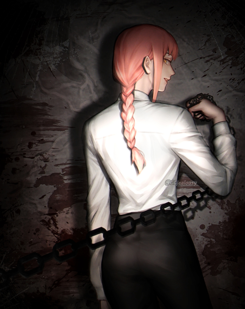 1girl absurdres artist_name ass back black_pants blood blood_splatter braid braided_ponytail chain chainsaw_man commentary cowboy_shot czy_(2894456992) dated dress_shirt eyelashes from_behind grin highres holding holding_chain long_hair long_sleeves looking_at_viewer looking_back makima_(chainsaw_man) orange_eyes pants redhead revision shirt shirt_tucked_in smile solo twitter_username watermark white_shirt