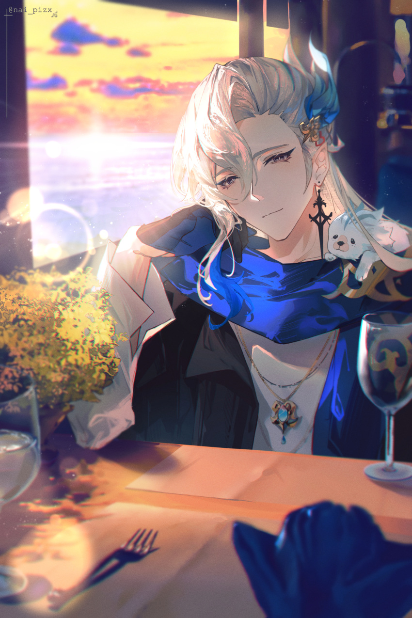 1boy animal_on_shoulder asymmetrical_bangs blue_scarf blurry blurry_background closed_mouth cup drinking_glass duplicate earrings genshin_impact gloves grey_hair hair_between_eyes hair_ornament half_gloves highres jewelry leisurely_otter_(genshin_impact) long_hair long_sleeves looking_at_viewer male_focus nai_pizx napkin necklace neuvillette_(genshin_impact) ocean pendant pointy_ears scarf shirt sidelocks sitting sunlight table twitter_username white_shirt wine_glass