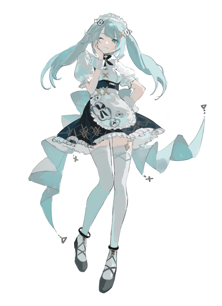 1girl aco_gbfg apron aqua_hair black_footwear closed_mouth faruzan_(cafe)_(genshin_impact) faruzan_(genshin_impact) full_body genshin_impact green_eyes hair_ornament hand_on_own_cheek hand_on_own_face highres long_hair looking_at_viewer maid maid_apron maid_headdress official_alternate_costume one_eye_closed puffy_sleeves simple_background smile solo thigh-highs twintails white_background white_thighhighs x_hair_ornament
