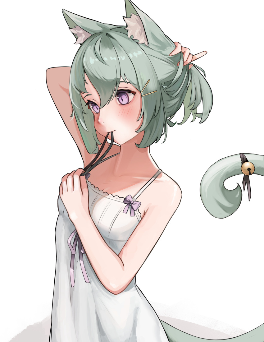 1girl absurdres adjusting_hair animal_ear_fluff animal_ears bell breasts cat_ears cat_girl cat_tail fosqie green_hair highres holding_own_hair jingle_bell mouth_hold nightgown original ribbon ribbon_in_mouth short_hair sleeveless tail tail_bell tail_ornament violet_eyes white_nightgown