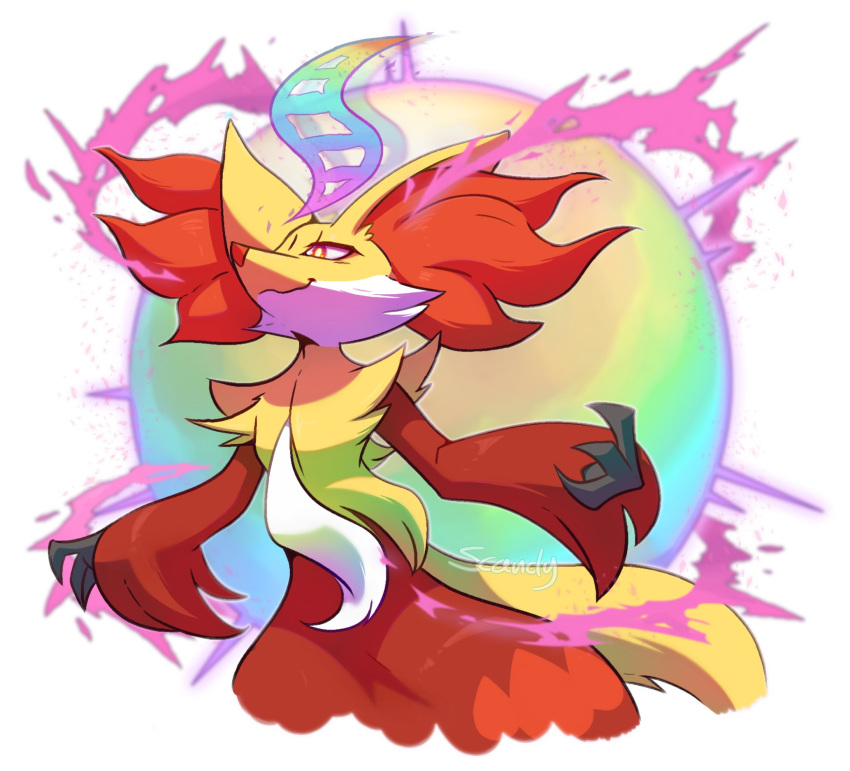 animal_ear_fluff animal_focus closed_mouth commentary delphox english_commentary highres mega_evolution_symbol multicolored_fur no_humans pokemon pokemon_(creature) red_fur scandy simple_background smile snout tail white_background white_fur yellow_fur