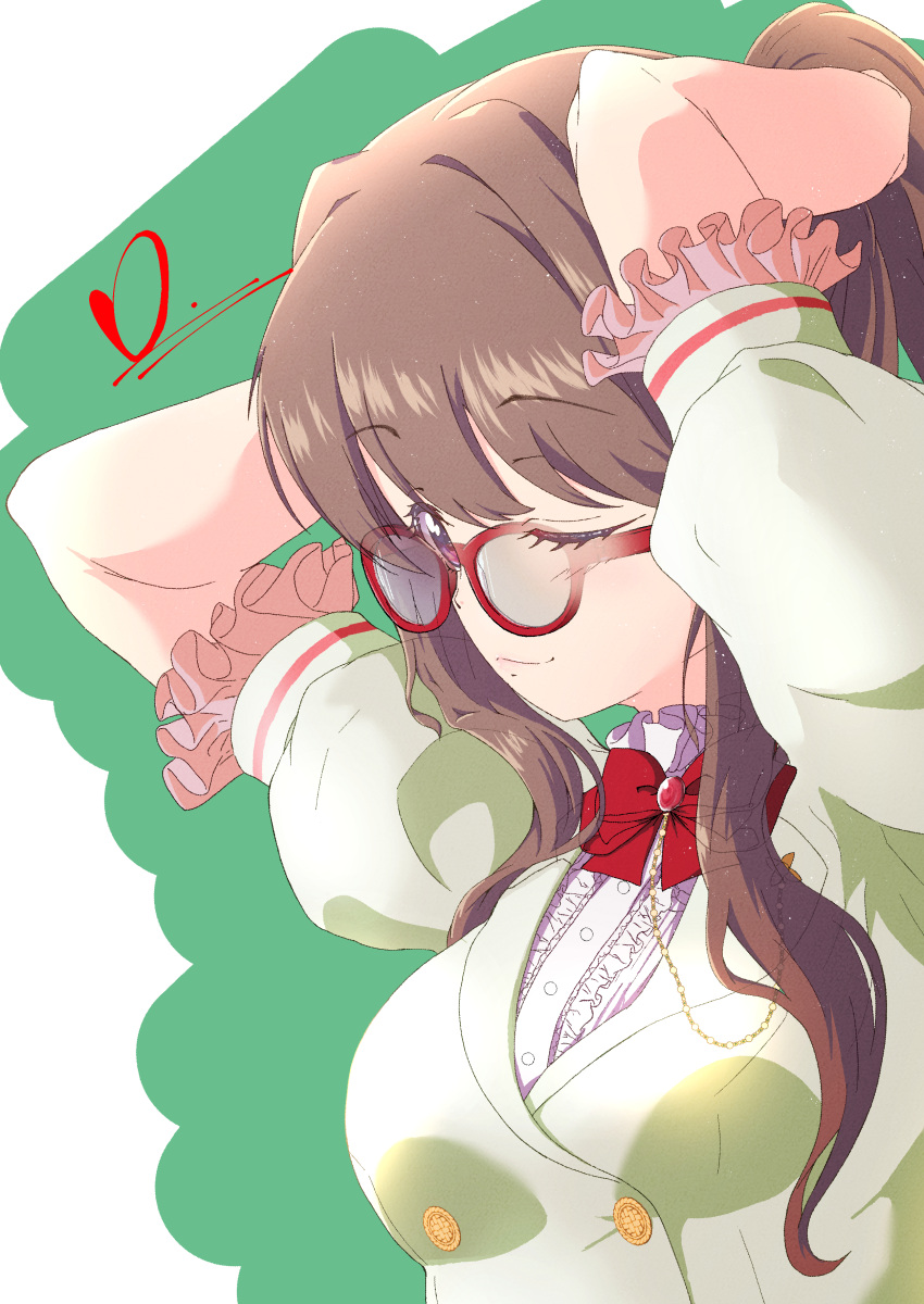 1girl absurdres arms_up bow bowtie breasts brown_hair buttons commentary double-breasted frilled_shirt frills fujishima_megumi glasses green_background green_jacket high_ponytail highres jacket lapels large_breasts link!_like!_love_live! long_hair looking_at_viewer love_live! one_eye_closed puffy_short_sleeves puffy_sleeves rakinegimagi red-framed_eyewear red_bow red_bowtie shirt short_sleeves smile solo swept_bangs two-tone_background tying_hair violet_eyes white_background white_shirt x-ray