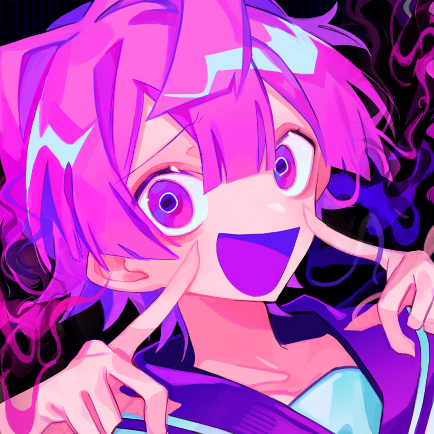 1boy :d album_cover black_background blunt_bangs blunt_ends borrowed_character carl_(guchiry) commentary_request cover hair_between_eyes himanemuitoma index_finger_raised looking_at_viewer official_art open_mouth original partial_commentary pink_hair pointing pointing_at_self portrait purple_sailor_collar sailor_collar schadenfreude_(vocaloid) shirt short_hair simple_background smile solo violet_eyes vocaloid white_shirt