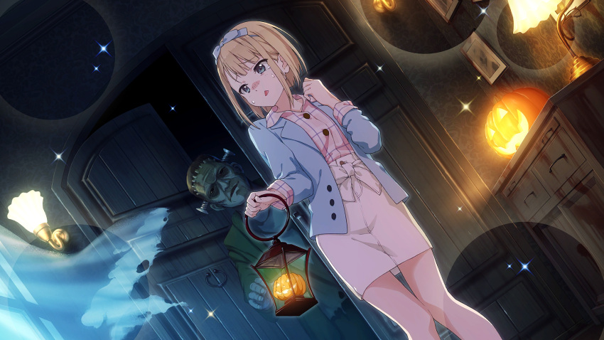 1girl 22/7 22/7_ongaku_no_jikan blonde_hair blue_hairband blue_jacket blue_ribbon collared_shirt cowboy_shot crying crying_with_eyes_open dutch_angle frankenstein game_cg ghost green_eyes hair_ribbon hairband highres holding_lamp indoors jack-o'-lantern jacket lantern lens_flare non-web_source official_art open_clothes open_jacket open_mouth parted_lips pencil_skirt pink_shirt plaid plaid_shirt ribbon saito_nicole scared shirt skirt solo sparkle standing sweatdrop teardrop tears white_skirt wooden_door