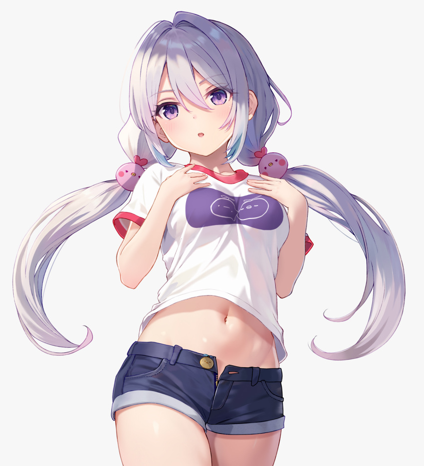 1girl :o blue_shorts breasts cowboy_shot denim denim_shorts hair_between_eyes hands_on_own_chest hands_up highres light_blush long_hair looking_at_viewer low_twintails medium_breasts midriff navel open_clothes open_fly open_shorts original paid_reward_available purple_hair red_trim shirt short_shorts short_sleeves shorts shorts_rolled_up simple_background solo stomach twintails violet_eyes white_background white_shirt yuna_rebun