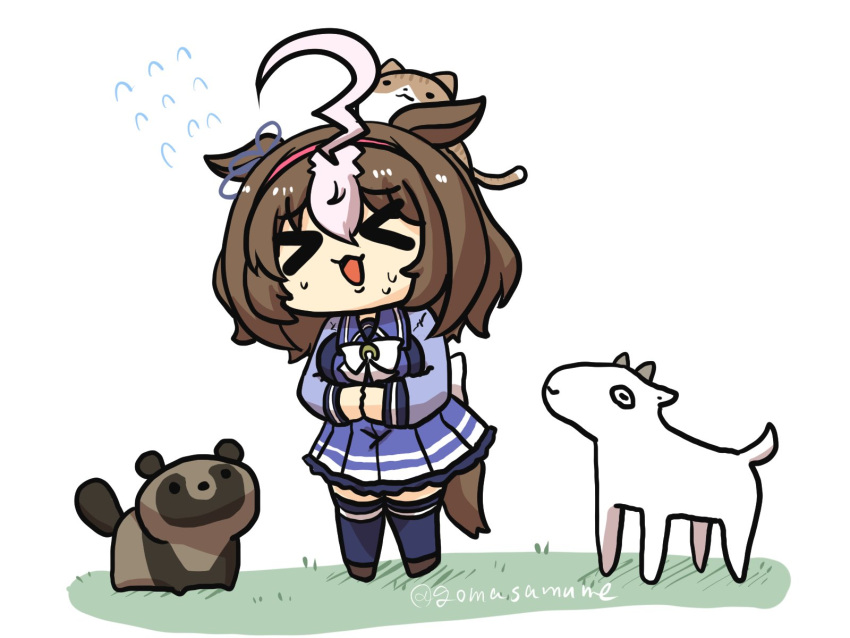 &gt;_&lt; 1girl ahoge animal animal_ears animal_on_head blue_shirt blue_skirt blue_thighhighs bow breasts brown_footwear brown_hair cat chibi closed_eyes facing_viewer flying_sweatdrops goat goma_(gomasamune) grass hairband highres horse_ears horse_girl horse_tail large_breasts long_sleeves meisho_doto_(umamusume) multicolored_hair on_head open_mouth pink_hairband pleated_skirt school_uniform shirt shoes simple_background skirt solo standing sweat tail tanuki thigh-highs tracen_school_uniform two-tone_hair umamusume white_background white_bow white_hair