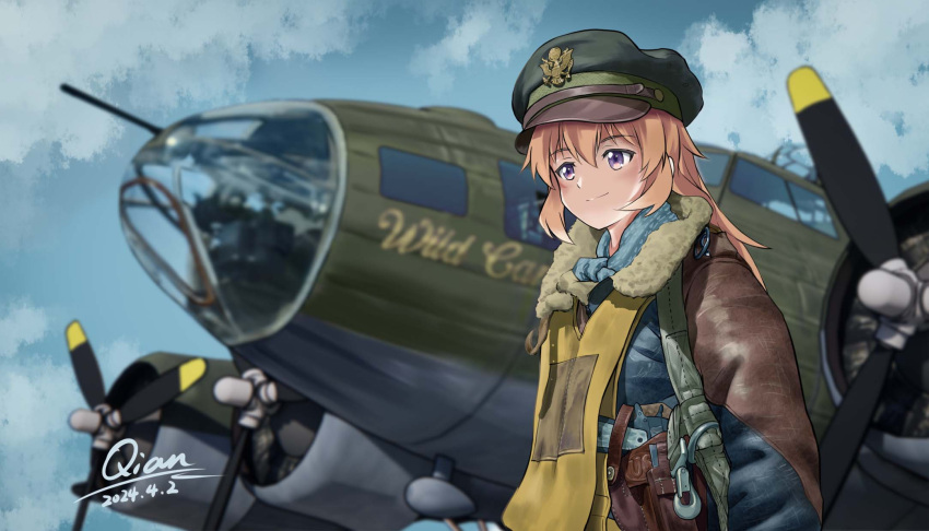 artist_name b-17_flying_fortress blurry brown_hair brown_jacket charlotte_e._yeager clouds cloudy_sky dated depth_of_field fur-trimmed_jacket fur_trim highres jacket masters_of_the_air military qian sky smile strike_witches strike_witches:_aurora_no_majo strike_witches:_suomus_misfits_squadron united_states_air_force violet_eyes world_war_ii world_witches_series