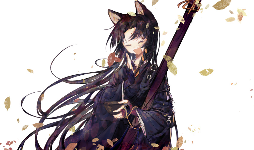 1girl ^_^ absurdres animal_ears arknights bad_bcy_id bad_id beads black_robe black_sleeves bowl cat_ears chinese_clothes closed_eyes eyelashes facial_mark flower forehead forehead_mark ganmaa hand_up hanfu happy highres holding holding_bowl holding_sword holding_weapon huge_weapon laughing layered_sleeves leaf long_hair long_sleeves o-ring open_mouth parted_bangs purple_flower purple_hair purple_rose robe rose saga_(arknights) simple_background sleeve_ribbon sleeves_past_wrists smile solo sword upper_body very_long_hair weapon white_background wide_sleeves
