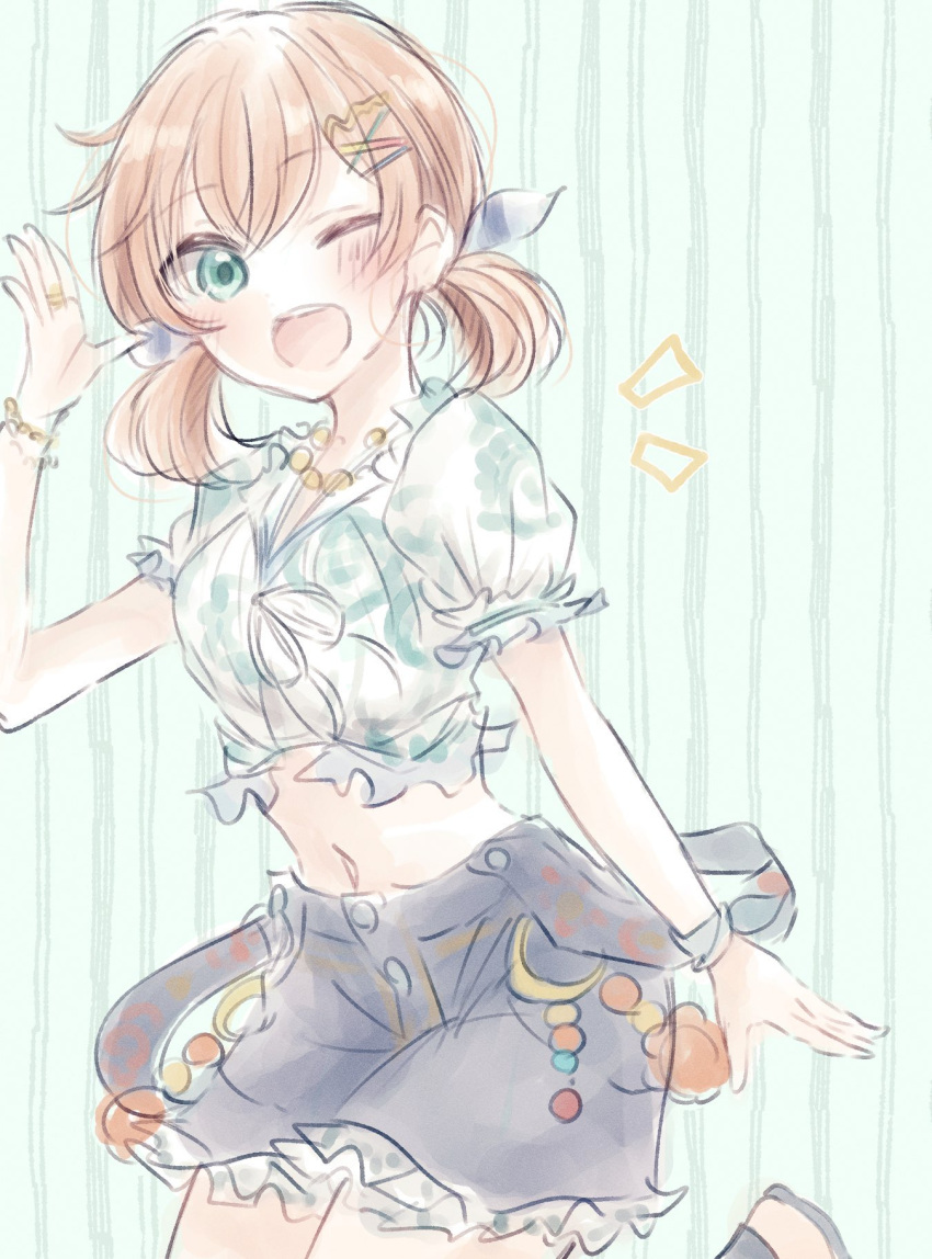 1girl ;d ba_ra_ran blue_pants blush commentary cowboy_shot green_background green_eyes hair_ornament hairclip highres hinoshita_kaho lace-trimmed_shorts lace_trim link!_like!_love_live! looking_at_viewer love_live! low_twintails medium_hair midriff natsumeki_pain_(love_live!) navel notice_lines one_eye_closed open_hand open_mouth orange_hair pale_color pants puffy_short_sleeves puffy_sleeves shirt short_sleeves smile solo striped_background swimsuit teeth twintails upper_teeth_only virtual_youtuber white_shirt x_hair_ornament