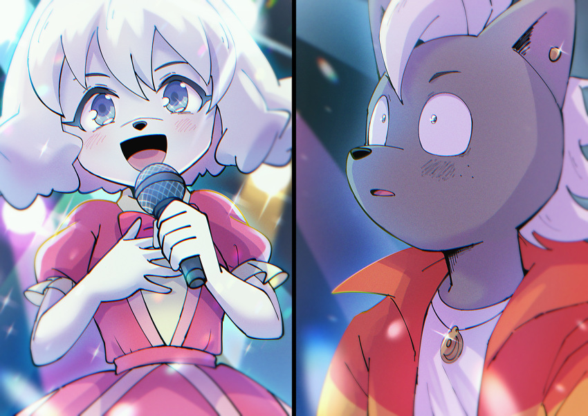 1boy 1girl :d black_fur blue_eyes bow bowtie dog_girl dress ear_piercing frilled_sleeves frills furry furry_female furry_male hand_on_own_chest idol imai_shun jacket jewelry light_blush microphone music necklace nikaidou_rui odd_taxi omochiutyu open_clothes open_jacket parted_lips piercing pink_bow pink_bowtie pink_dress puffy_short_sleeves puffy_sleeves red_jacket shirt short_sleeves singing skunk_boy smile snout spotlight v-shaped_eyebrows white_fur white_hair white_shirt
