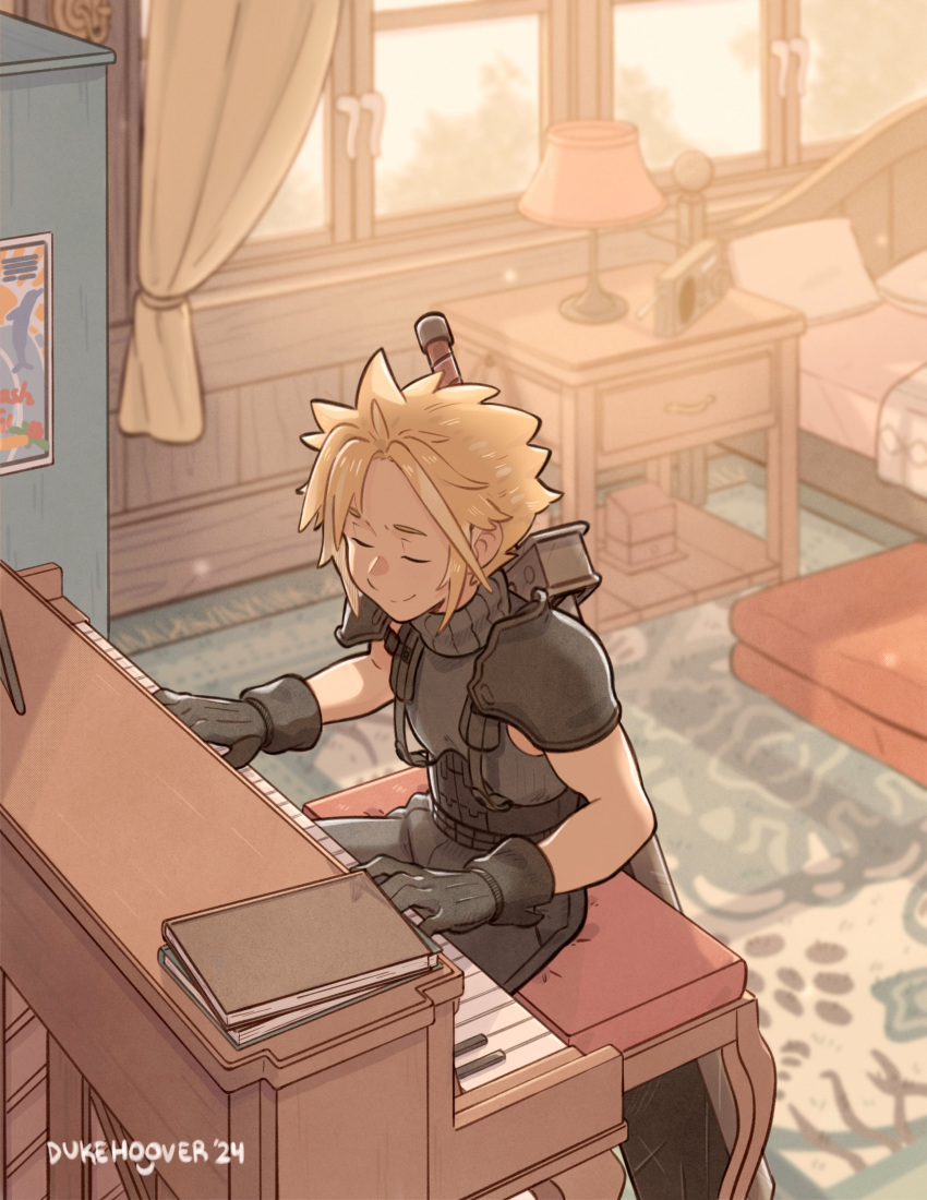 1boy absurdres armor artist_name bed black_gloves blonde_hair blurry blurry_background book buster_sword closed_eyes closed_mouth cloud_strife commentary desk desk_lamp dukehooverart final_fantasy final_fantasy_vii final_fantasy_vii_rebirth final_fantasy_vii_remake gloves highres indoors instrument lamp male_focus music piano piano_bench playing_instrument playing_piano shoulder_armor sitting sleeveless sleeveless_turtleneck smile solo spiky_hair suspenders sweater sword sword_on_back turtleneck turtleneck_sweater weapon weapon_on_back window