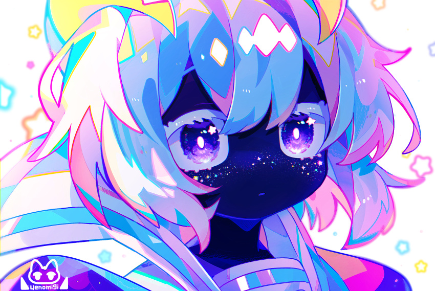 1girl artist_logo blue_skin bright_pupils closed_mouth colored_eyelashes colored_skin commentary_request hair_between_eyes highres multicolored_hair original pink_hair portrait sailor_collar short_hair solo star_(symbol) star_in_eye symbol_in_eye uenomigi violet_eyes white_hair white_pupils
