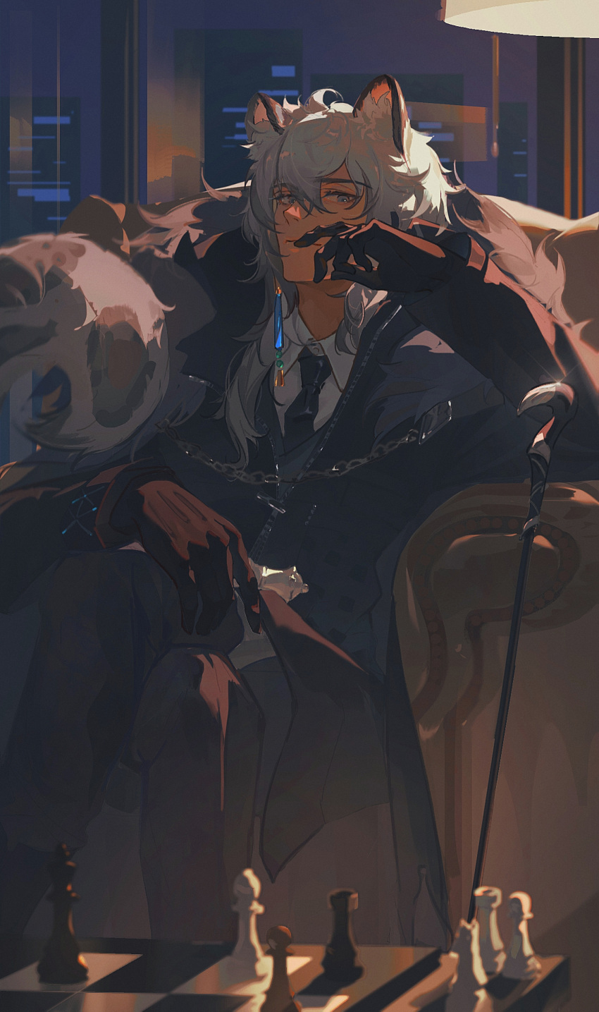 1boy animal_ear_fluff animal_ears arknights black_gloves black_necktie black_suit cane chair chess_piece chessboard collared_shirt commentary crossed_legs earrings feet_out_of_frame formal frown gloves grey_hair highres indoors jewelry long_sleeves looking_at_viewer male_focus necktie shirt short_hair silverash_(arknights) single_earring sitting snow_leopard_boy snow_leopard_ears snow_leopard_tail solo suit white_shirt window yuyumu