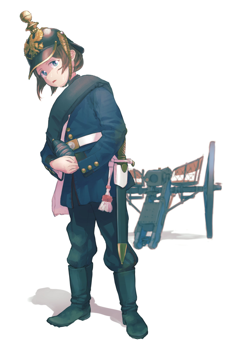 1girl absurdres antique_cannon bag bayonet belt black_footwear black_pants blue_eyes blue_jacket boots brown_hair buttons cannon cannonball chin_strap english_commentary full_body helmet highres holding jacket karasumi_(sumizono) long_sleeves looking_at_viewer messenger_bag military military_uniform mixed-language_commentary open_mouth original pants pickelhaube prussia scabbard shadow sheath sheathed short_hair shoulder_bag simple_background soldier solo standing sweat sweatdrop uniform weapon white_background white_bag white_belt