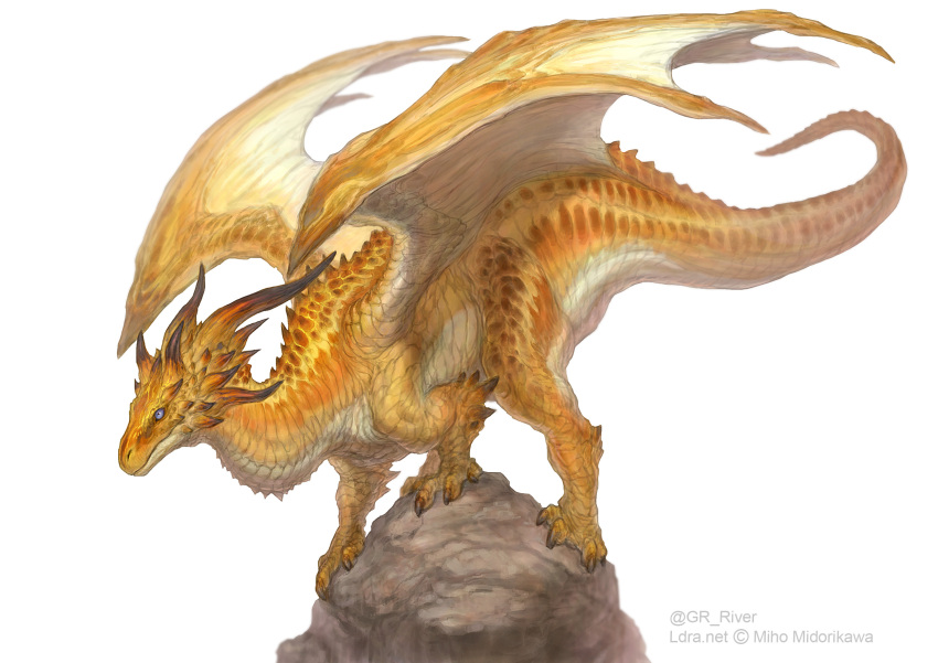animal_focus artist_name blue_eyes claws dragon from_side full_body g.river highres horns monster multiple_horns no_humans on_rock original profile rock scales simple_background solo tail western_dragon white_background wings
