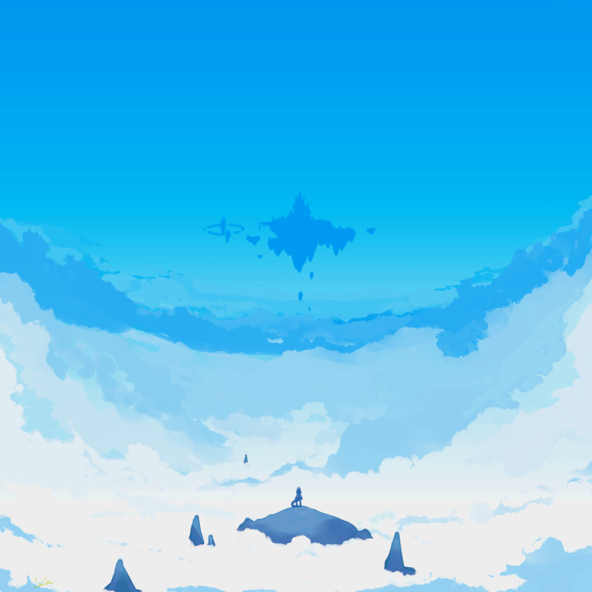 1other above_clouds animal_ears artist_name blue_sky blue_theme clouds commentary_request day floating_island from_behind full_body furry highres luca_(luca89411691) lucario mountain outdoors pokemon pokemon_(creature) scenery signature silhouette sky standing tail very_wide_shot wolf_ears wolf_tail