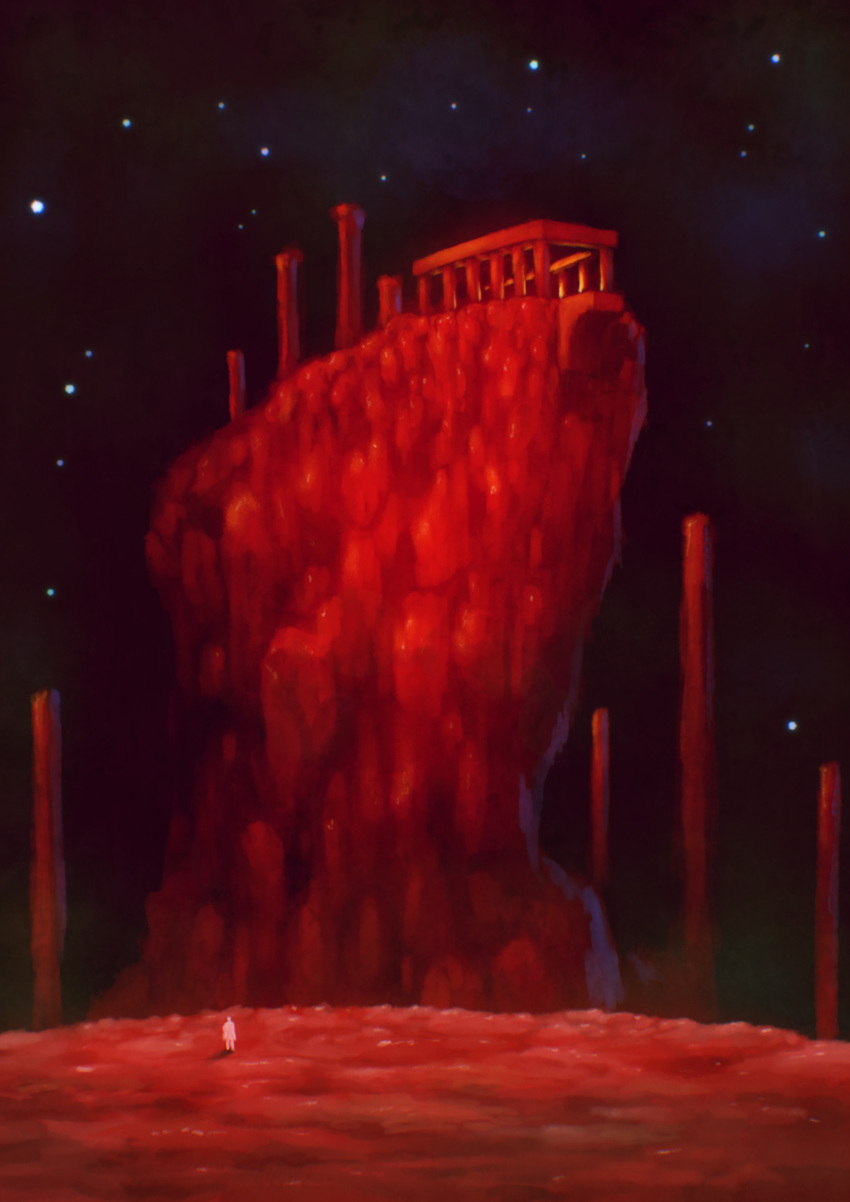 1other absurdres ambiguous_gender architecture building cliff column commentary_request elden_ring guru highres in-universe_location island outdoors pillar red_theme ruins scenery sky solo standing star_(sky) starry_sky very_wide_shot