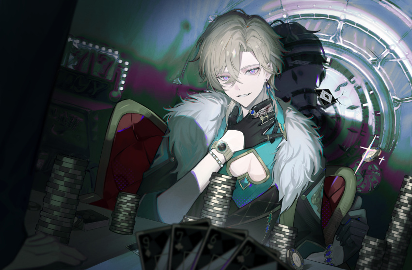 1boy absurdres aventurine_(honkai:_star_rail) black_gloves blonde_hair bracelet card cleavage_cutout clothing_cutout commentary fur_trim gloves green_shirt hand_on_own_chest heart_cutout highres holding holding_card honkai:_star_rail honkai_(series) jewelry looking_at_viewer male_focus muted_color pectoral_cleavage pectorals poker_chip ring shadow shirt short_hair smile solo upper_body violet_eyes watch watch xingxing_mei