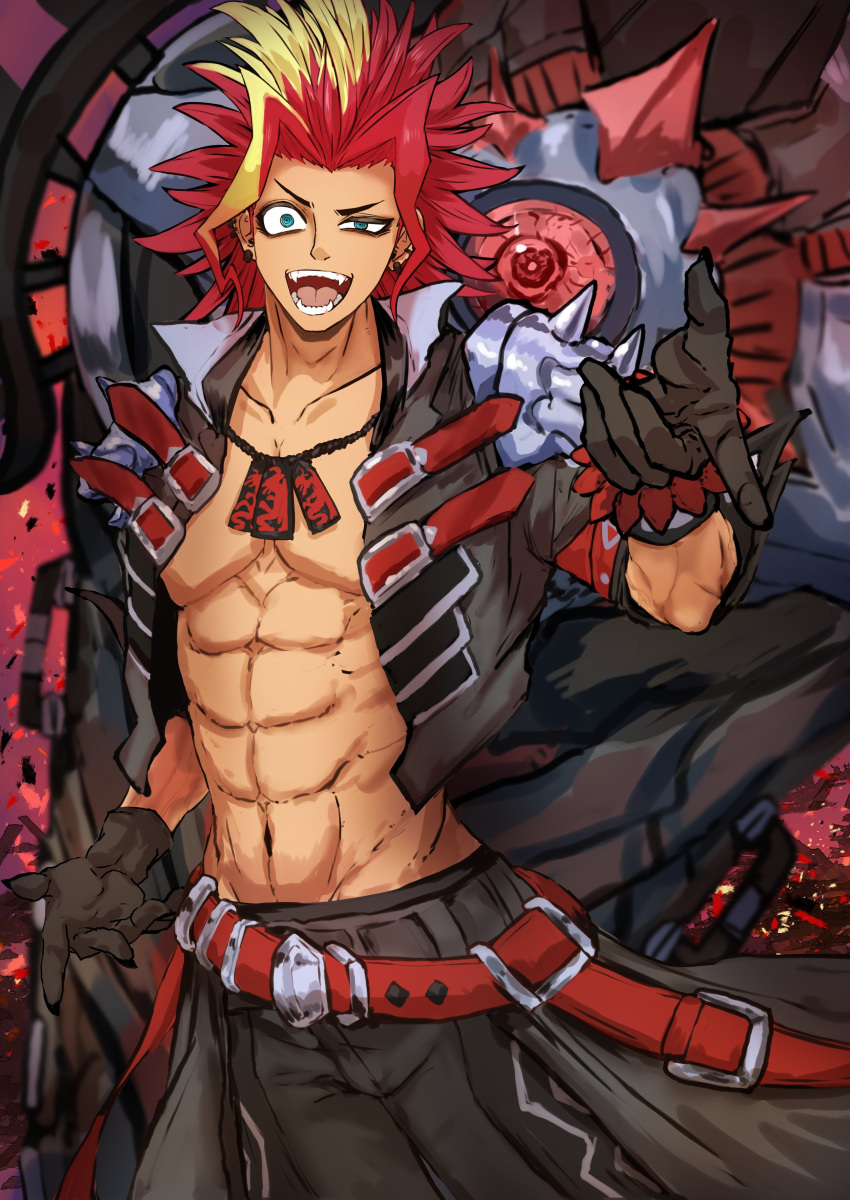 1boy abs absurdres adeshi_(adeshi0693119) black_gloves black_panties blonde_hair boots brown_footwear commentary_request cowboy_shot cropped_jacket demon-carving_demonsmith duel_monster explosion fangs gloves green_eyes highres looking_at_viewer male_focus multicolored_hair no_shirt open_mouth panties redhead shoulder_pads skull_print spiky_hair streaked_hair underwear yu-gi-oh!