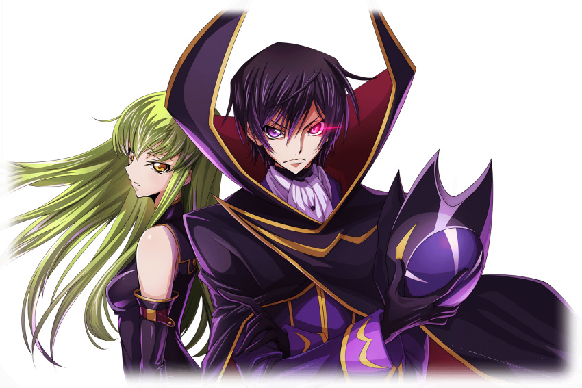 1boy 1girl artist_request ascot back-to-back bare_shoulders black_cape black_dress black_gloves black_hair black_helmet breasts c.c. cape closed_mouth coat code_geass code_geass:_lost_stories cropped_torso crossed_arms dress elbow_gloves eye_trail game_cg geass gloves glowing glowing_eye gold_trim green_hair hair_between_eyes helmet high_collar highres holding holding_helmet lelouch_vi_britannia light_trail long_hair long_sleeves looking_at_viewer medium_breasts non-web_source official_art parted_lips purple_coat serious short_hair sidelocks simple_background sleeveless sleeveless_dress standing transparent_background two-sided_cape two-sided_fabric unworn_headwear unworn_helmet upper_body v-shaped_eyebrows violet_eyes white_ascot yellow_eyes
