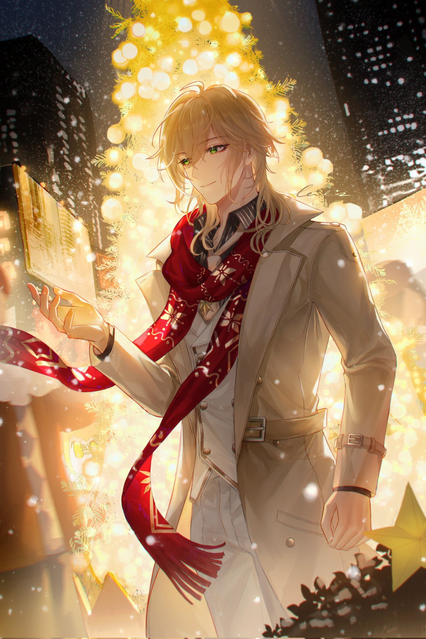 1boy alkaid_mcgrath billboard black_shirt blonde_hair brown_coat building bush christmas christmas_lights christmas_tree city clenched_hand closed_mouth coat collared_shirt cowboy_shot fringe_trim green_eyes hair_between_eyes hand_up highres level02 long_sleeves looking_at_hand lovebrush_chronicles male_focus medium_hair necktie night open_clothes open_coat open_hand pants print_scarf red_scarf scarf shirt skyscraper snowing solo standing star_(symbol) trench_coat vest white_pants white_vest yellow_necktie