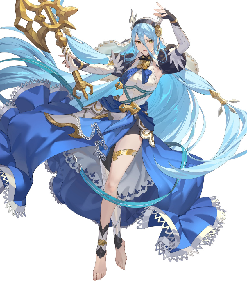 1girl attack axe azura_(fire_emblem) azura_(song's_reflection)_(fire_emblem) barefoot black_gloves blue_cape blue_hair blue_sash cape corrin_(female)_(fire_emblem) corrin_(female)_(fire_emblem)_(cosplay) corrin_(fire_emblem) cosplay dragon_horns fake_horns fingerless_gloves fire_emblem fire_emblem_fates fire_emblem_heroes gloves headdress highres holding holding_axe horns lace-trimmed_cape long_hair non-web_source official_alternate_costume official_art sash single_leg_pantyhose solo thighlet v-shaped_eyebrows very_long_hair waist_cape yellow_eyes