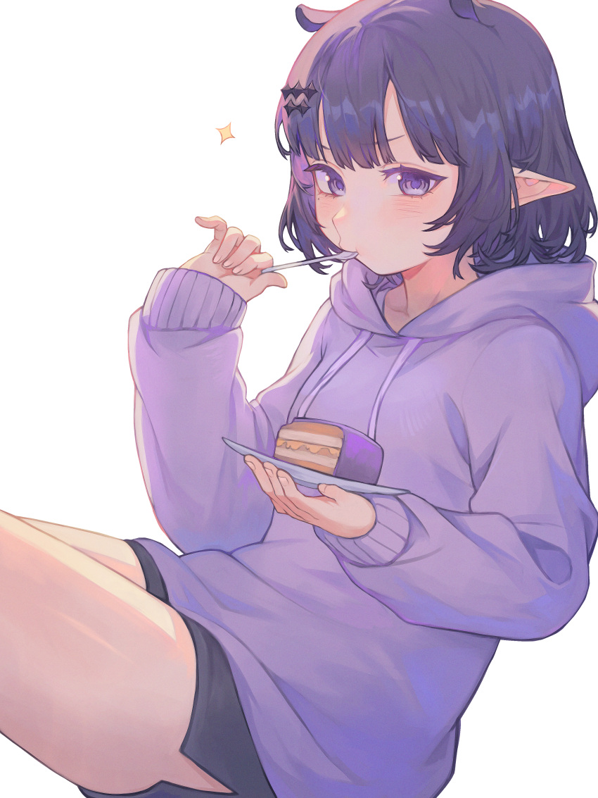 1girl absurdres alternate_costume black_shorts blunt_bangs blush bob_cut cake cake_slice curly_hair eating food highres holding holding_plate holding_spoon hololive hololive_english hood hoodie kiwwwwwi knees_out_of_frame looking_at_viewer mole mole_under_eye ninomae_ina'nis plate pointy_ears purple_hair purple_hoodie short_hair short_shorts shorts simple_background sitting sleeves_past_wrists solo spoon star_(symbol) v-shaped_eyebrows violet_eyes virtual_youtuber white_background