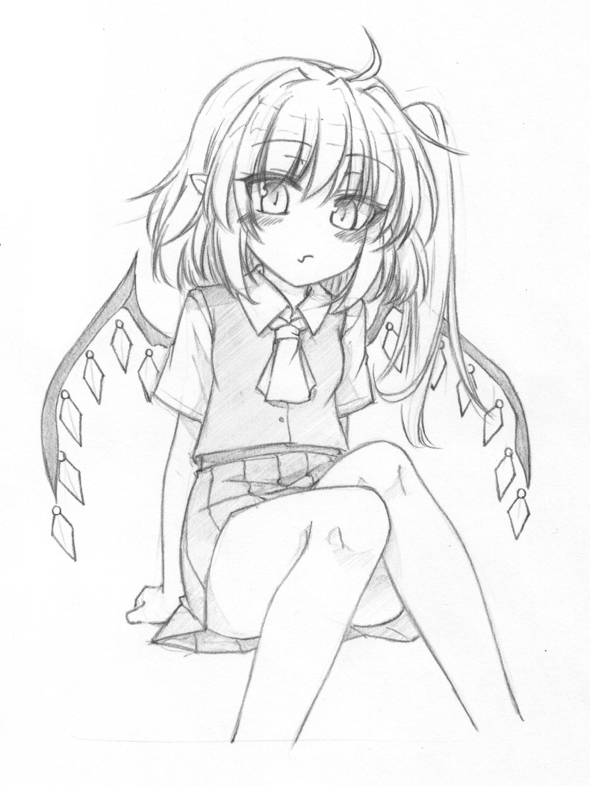 1girl ascot blush closed_mouth collared_shirt fang fang_out feet_out_of_frame flandre_scarlet graphite_(medium) greyscale highres looking_at_viewer marukyuu_ameya medium_hair monochrome no_headwear pleated_skirt pointy_ears shirt short_sleeves sketch skin_fang skirt solo touhou traditional_media vest wings