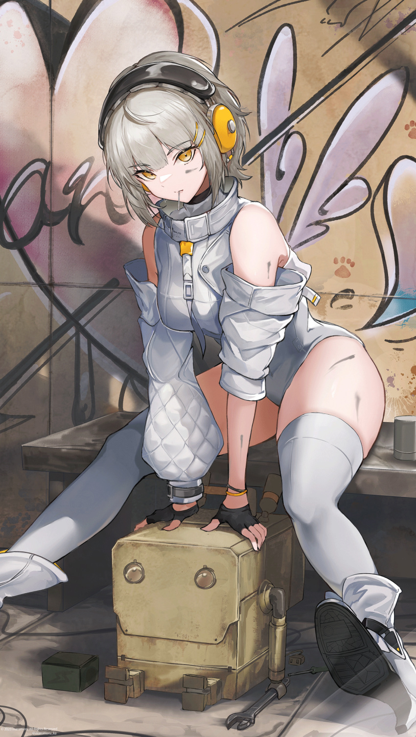 1girl absurdres arm_support arms_between_legs asymmetrical_sleeves bare_shoulders bench black_gloves bottle box cup detached_sleeves dirty dirty_face ear_protection fingerless_gloves gloves graffiti grey_hair grey_leotard hair_ornament hairclip half_gloves high_collar highres leotard looking_at_viewer marumoru original short_hair sitting skindentation thick_thighs thigh-highs thighs white_thighhighs yellow_eyes