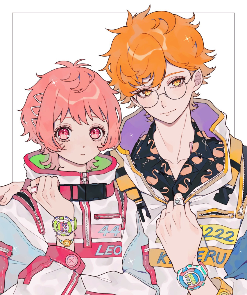 2boys ao_(ao0_0nemu) bad_id bad_twitter_id black_shirt closed_mouth collared_shirt commentary_request flamingo_print glasses hand_on_another's_shoulder hand_up high_collar highres jacket jewelry juuouin_kakeru king_of_prism long_sleeves looking_at_viewer male_focus multiple_boys orange_eyes orange_hair otoko_no_ko pink_eyes pink_hair pretty_rhythm pretty_series puffy_long_sleeves puffy_sleeves ring round_eyewear saionji_leo shirt short_hair smile watch watch white_background white_jacket