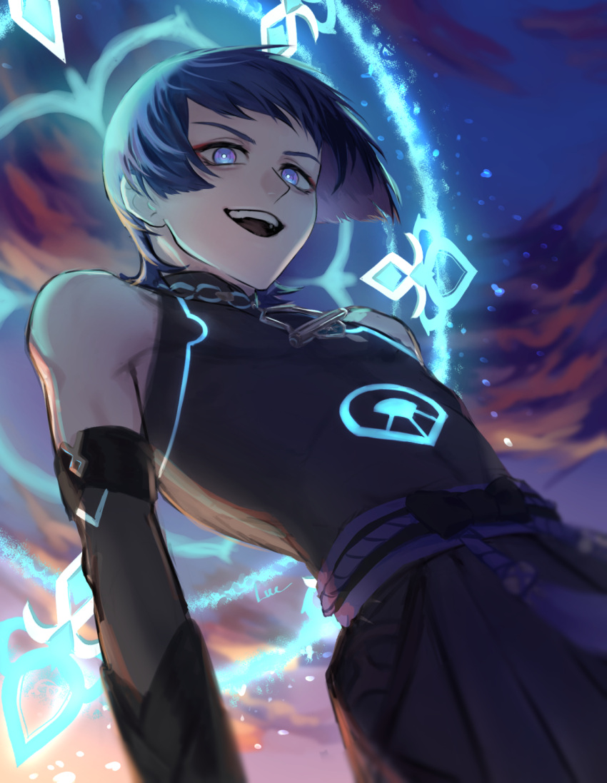 1boy blue_eyes clouds cloudy_sky detached_sleeves elizaves777 from_below genshin_impact hakama halo highres japanese_clothes looking_at_viewer looking_down male_focus open_mouth purple_hair scaramouche_(genshin_impact) sky solo teeth wanderer_(genshin_impact)