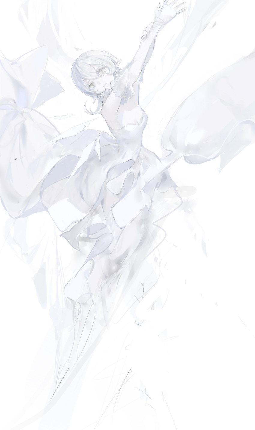 1girl absurdres breasts dress elbow_gloves expressionless gloves highres looking_at_viewer original pointy_ears raivarune short_hair simple_background sketch small_breasts solo white_background white_dress white_eyes white_gloves white_hair white_theme