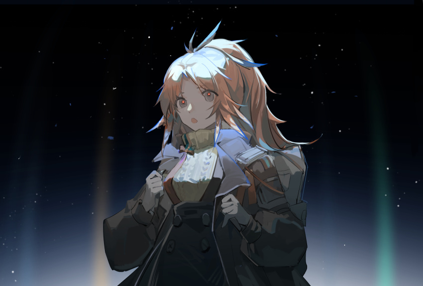 1girl :o arknights backpack bag black_eyes black_jacket black_skirt buttons cable_knit cowboy_shot double-breasted feather_hair forehead high-waist_skirt highres irple jacket long_sleeves looking_at_viewer night night_sky open_clothes open_jacket open_mouth orange_hair orange_pupils outdoors parted_bangs pinecone_(arknights) ponytail sidelocks skirt sky solo spotlight star_(sky) starry_sky suspender_skirt suspenders sweater turtleneck turtleneck_sweater yellow_sweater