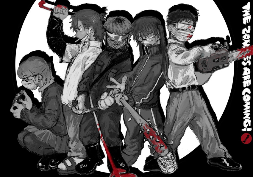 1girl 4boys belt black_belt black_footwear black_jacket blood blood_on_weapon chainsaw fishnets glasses goggles grey_hair grey_pants greyscale highres holding holding_chainsaw jacket mask mettaflix monochrome mouth_mask multiple_boys original pants partially_colored squatting standing twintails weapon white_footwear