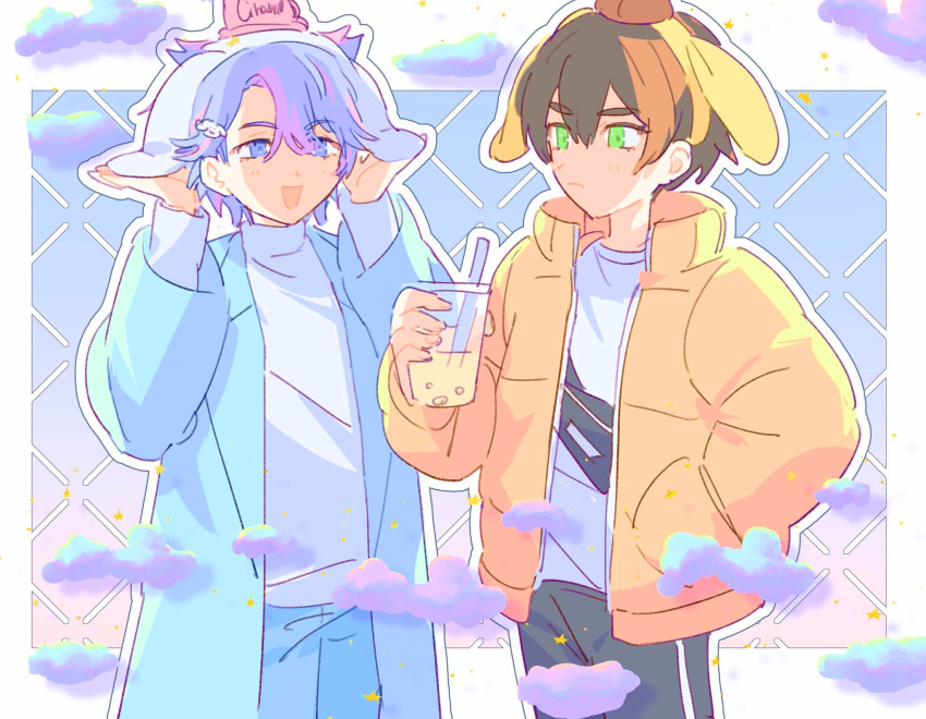 2boys animal_ear_hairband animal_ears black_pants blue_coat blue_eyes blue_hair blue_pants brown_hair cinnamoroll closed_mouth clouds coat commentary_request cowboy_shot cup disposable_cup fake_animal_ears green_eyes hairband hand_in_pocket hands_up highres holding holding_cup hughie_(pretty_series) ibuki_touma jacket long_sleeves looking_at_another male_focus moshao_(sarada1717) multicolored_hair multiple_boys open_mouth pants pink_hair pompompurin pretty_series sanrio short_hair smile standing streaked_hair sweater waccha_primagi! white_sweater yellow_hairband yellow_jacket