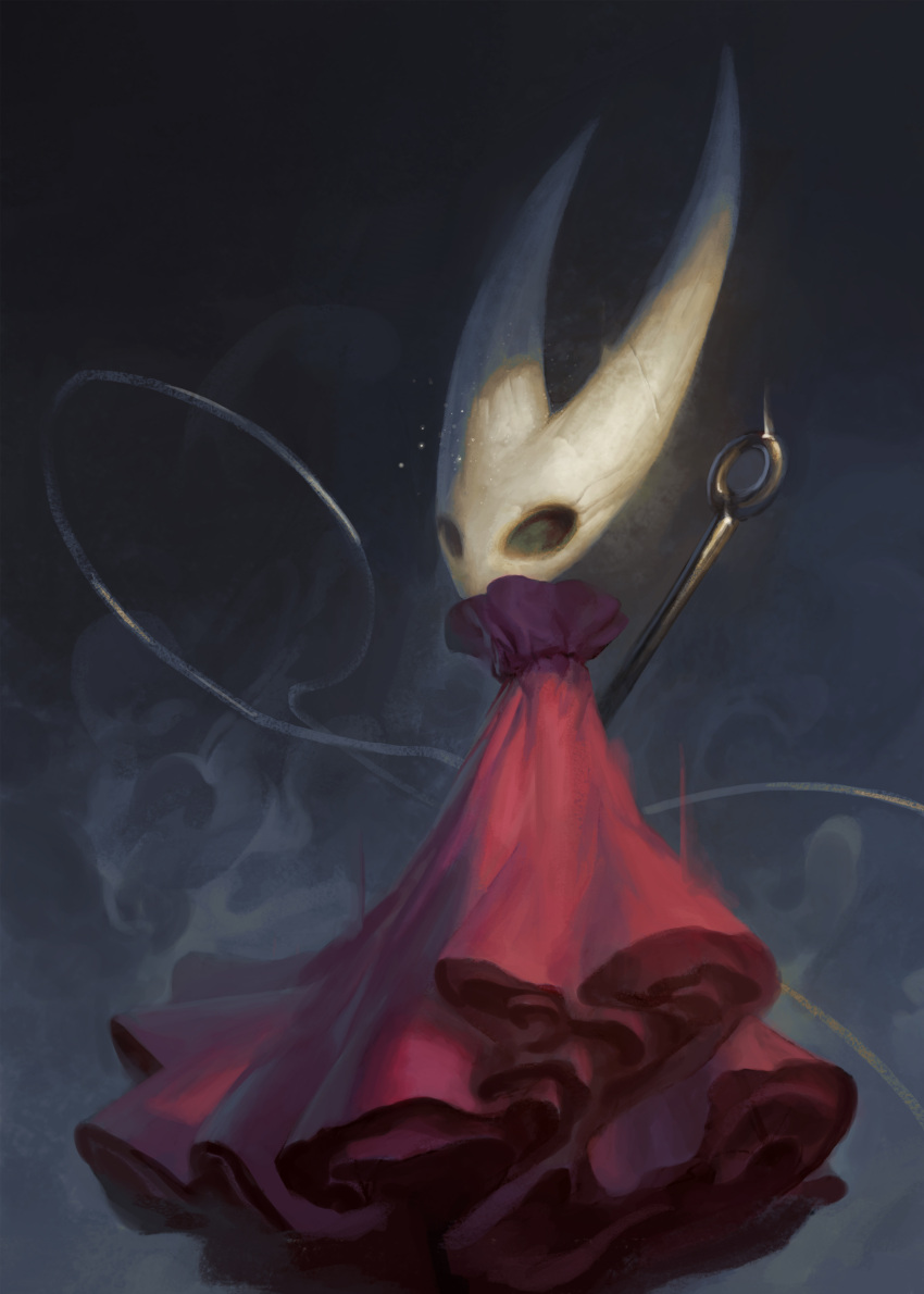 1girl absurdres arthropod_girl bugmeyer cloak full_body highres hollow_eyes hollow_knight hornet_(hollow_knight) mask needle_(hollow_knight) no_humans red_cloak standing weapon weapon_on_back