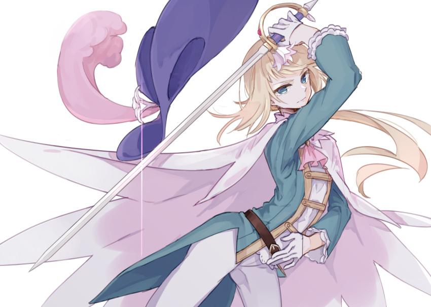 1other aqua_coat arm_up ascot belt blonde_hair blue_eyes blue_hat brown_belt cape cavalier_hat chevalier_d'eon_(fate) closed_mouth coat fate/grand_order fate_(series) flower gloves half_gloves hat hat_feather hat_flower holding holding_sword holding_weapon long_hair looking_at_viewer pants pink_ascot rapier shironojiro simple_background solo sword weapon white_background white_cape white_gloves white_pants