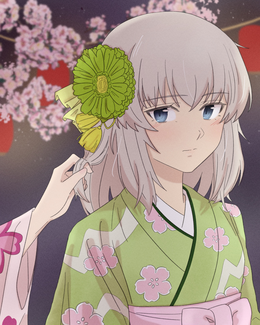 2girls absurdres blonde_hair blue_eyes blush cherry_blossoms commentary floral_print_kimono flower girls_und_panzer green_kimono hair_flower hair_ornament hand_in_another's_hair highres itsumi_erika japanese_clothes kimono lantern looking_at_another medium_hair multiple_girls nekounko night night_sky nishizumi_miho paper_lantern pink_kimono sky symbol-only_commentary