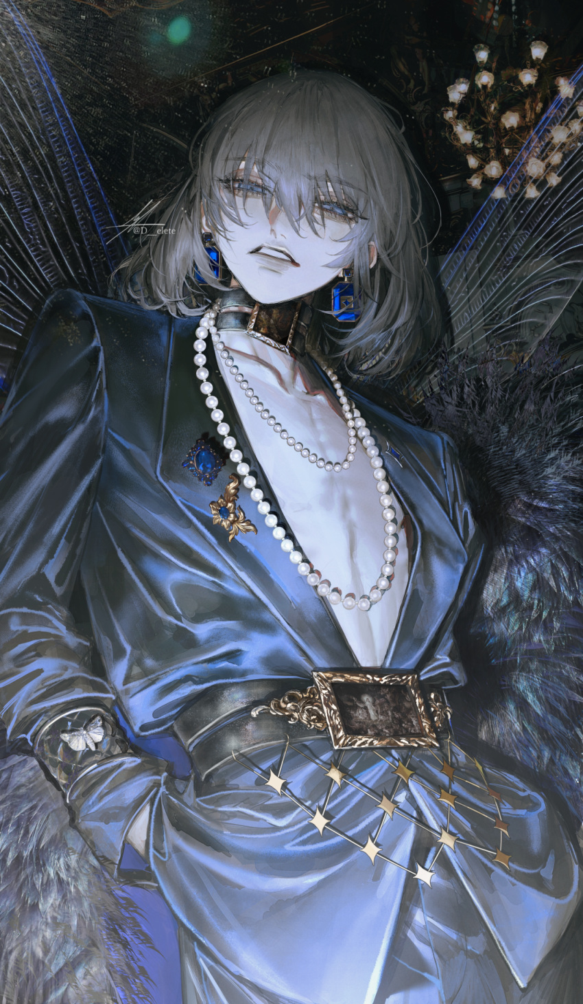 1boy alternate_costume arthropod_boy au_(d_elete) belt_pouch bishounen blue_eyes blue_suit blurry blurry_background bracelet brooch choker dragonfly_wings earrings fate/grand_order fate_(series) formal from_below fur_trim grey_hair hair_between_eyes hand_in_pocket highres insect_wings jewelry long_sleeves looking_at_viewer male_focus medium_hair necklace oberon_(fate) oberon_(third_ascension)_(fate) open_clothes pouch signature solo spoilers suit upper_body wings