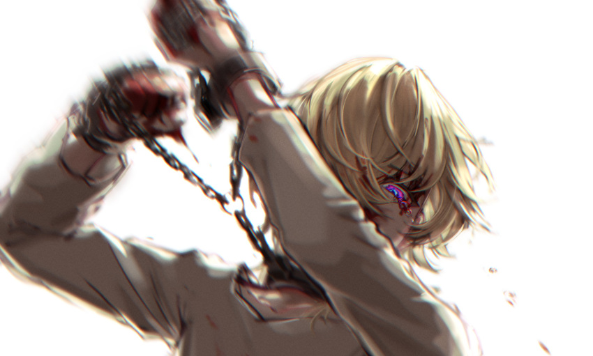 1boy aventurine_(honkai:_star_rail) blonde_hair blood blood_on_face blood_on_hands chain hair_between_eyes highres honkai:_star_rail honkai_(series) long_sleeves looking_at_viewer male_focus mimisuke37 multicolored_eyes restrained shirt short_hair simple_background solo white_background white_shirt