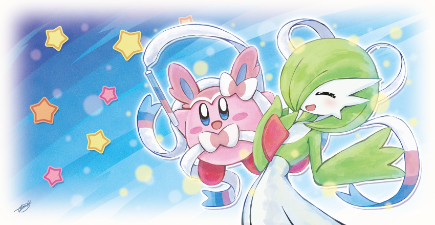 blue_eyes bob_cut bow closed_eyes colored_skin cosplay crossover dress gardevoir green_hair hair_over_one_eye highres kirby kirby_(series) multicolored_skin open_mouth pink_skin pokemon smile star_(symbol) sylveon sylveon_(cosplay) two-tone_skin white_dress white_skin zeni_maru
