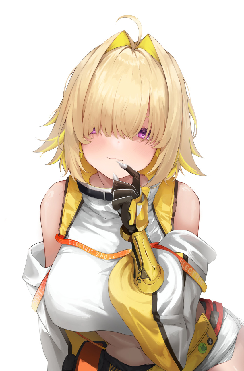1girl absurdres blonde_hair clothing_cutout crop_top crop_top_overhang cropped_sweater elegg_(nikke) exposed_pocket gloves goddess_of_victory:_nikke grey_shorts hair_intakes hair_over_eyes highres hikimori_1 long_bangs micro_shorts multicolored_clothes multicolored_gloves plump shorts shoulder_cutout simple_background solo suspender_shorts suspenders upper_body violet_eyes white_background yellow_gloves