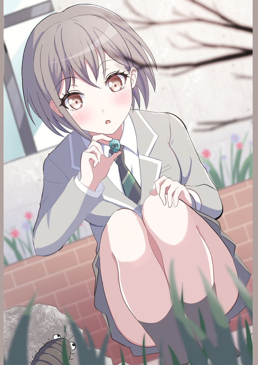 1girl absurdres bang_dream! bang_dream!_it's_mygo!!!!! black_socks blazer blush bow bowtie breasts brown_eyes collared_shirt commentary_request diagonal-striped_bow diagonal-striped_bowtie diagonal-striped_clothes green_necktie grey_hair grey_jacket grey_skirt haneoka_school_uniform highres jacket letterboxed long_sleeves medium_breasts necktie open_mouth outdoors pleated_skirt sandman_(gm4zfijcwbz3g4y) school_uniform shirt short_hair skirt socks solo squatting striped_clothes takamatsu white_shirt