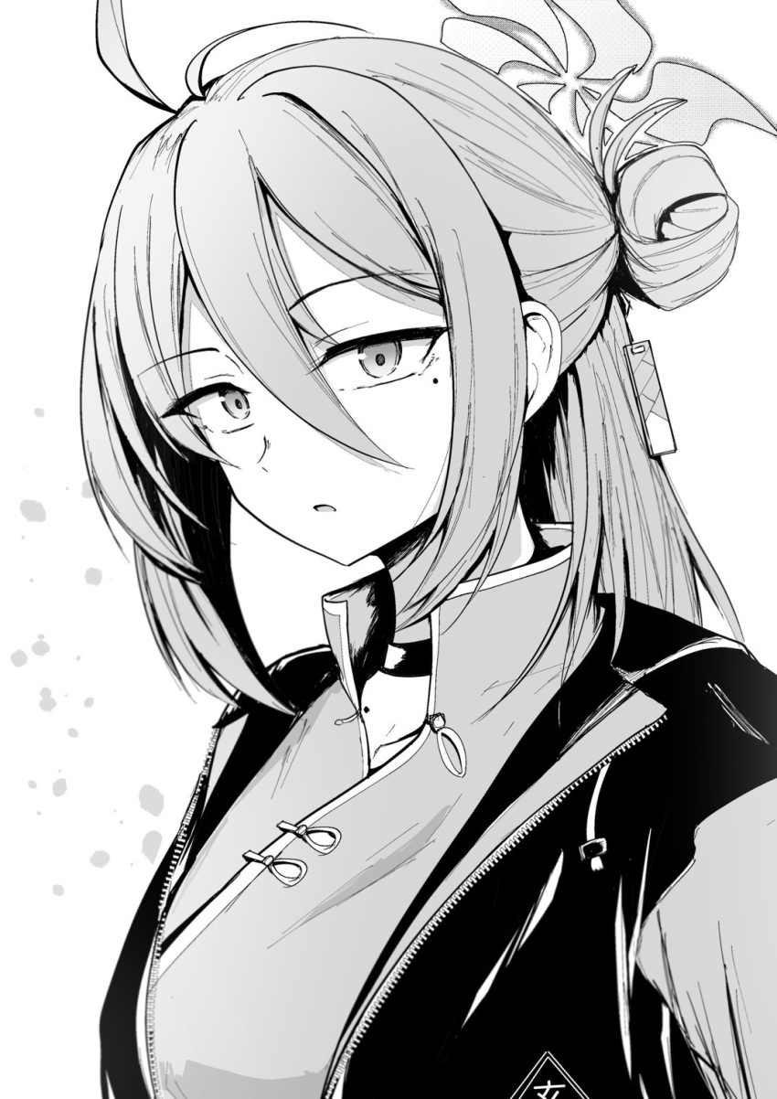 1girl ahoge blue_archive china_dress chinese_clothes choker commentary_request dress greyscale hair_between_eyes hair_bun halo highres jacket looking_at_viewer mole mole_on_neck mole_under_eye monochrome open_clothes open_jacket reijo_(blue_archive) sidelocks solo upper_body user_puuw3533 white_background