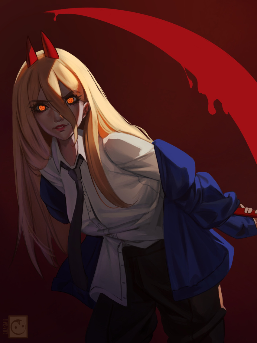 1girl absurdres black_necktie black_pants blonde_hair blue_cardigan cardigan chainsaw_man charmiisan collared_shirt cowboy_shot eyelashes fangs hair_between_eyes highres holding holding_scythe holding_weapon horns long_hair looking_at_viewer necktie orange_eyes pants power_(chainsaw_man) red_background red_horns scythe shirt shirt_partially_tucked_in solo weapon