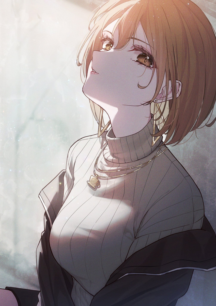 1girl black_jacket blurry brown_hair depth_of_field earrings english_commentary gold_necklace highres jacket jewelry light_particles looking_at_viewer meiko_(vocaloid) necklace off_shoulder open_clothes open_jacket parted_lips project_sekai raised_chin ribbed_sweater shadow short_hair solo sweater triangle_earrings turtleneck turtleneck_sweater vivid_bad_squad_meiko vocaloid yuki_hare1130