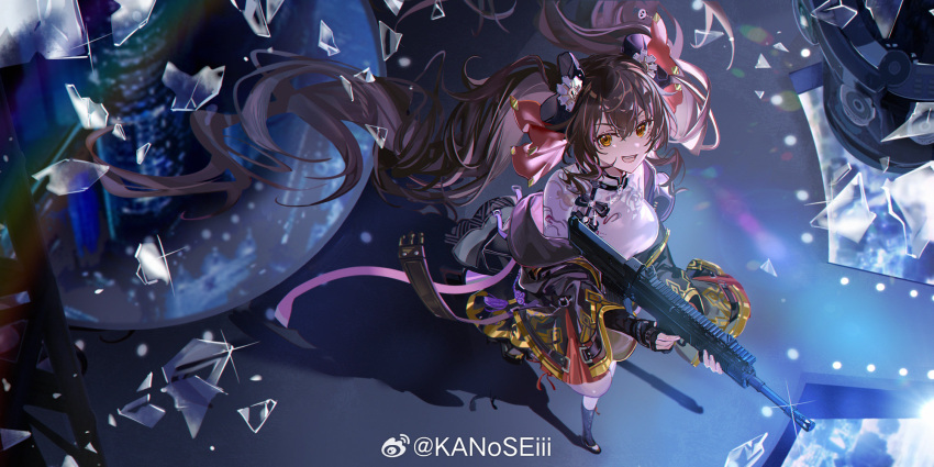 1girl :d assault_rifle black_footwear black_gloves black_jacket boots bow breasts broken_glass brown_eyes brown_hair dark_background fingerless_gloves floating_hair from_above full_body girls'_frontline_2:_exilium girls_frontline glass glass_shards gloves gun hair_bow highres hitokoto holding holding_gun holding_weapon jacket knee_boots leg_up long_hair looking_at_viewer medium_breasts off_shoulder qbz-97 red_bow rifle shadow shirt smile solo standing standing_on_one_leg thigh-highs twintails type_97_(girls'_frontline) very_long_hair weapon weibo_logo weibo_username white_shirt white_thighhighs wide_sleeves