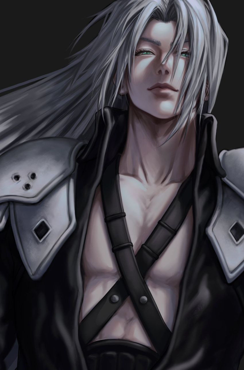 1boy aqua_eyes armor black_background black_coat chest_strap closed_mouth coat collarbone final_fantasy final_fantasy_vii final_fantasy_vii_remake grey_hair half-closed_eyes highres hxxnuat long_bangs long_hair male_focus parted_bangs sephiroth shoulder_armor slit_pupils solo upper_body