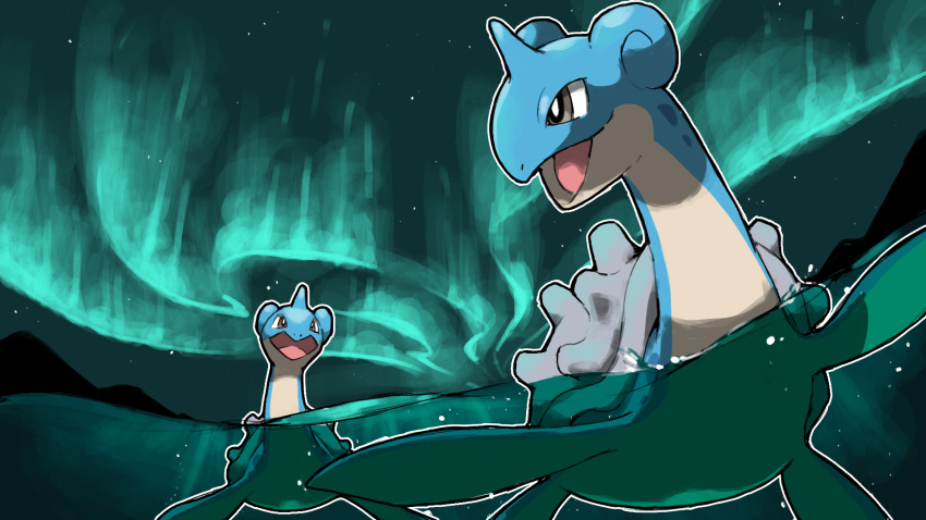 aurora black_eyes blacknirrow bright_pupils highres horns lapras night no_humans open_mouth outdoors partially_submerged pokemon pokemon_(creature) single_horn smile star_(sky) water white_pupils